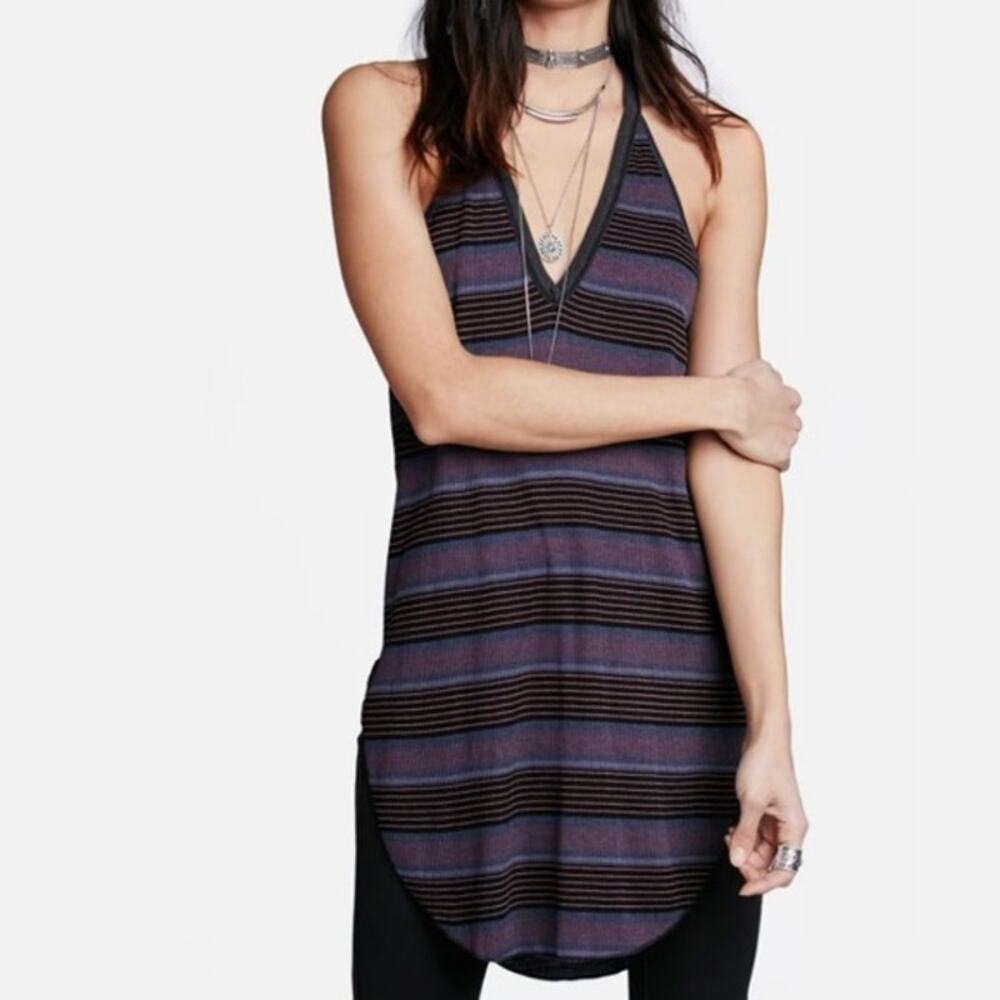We The Free Louie Striped Tunic Tank Top Size L Black Purple Curved Split Hem